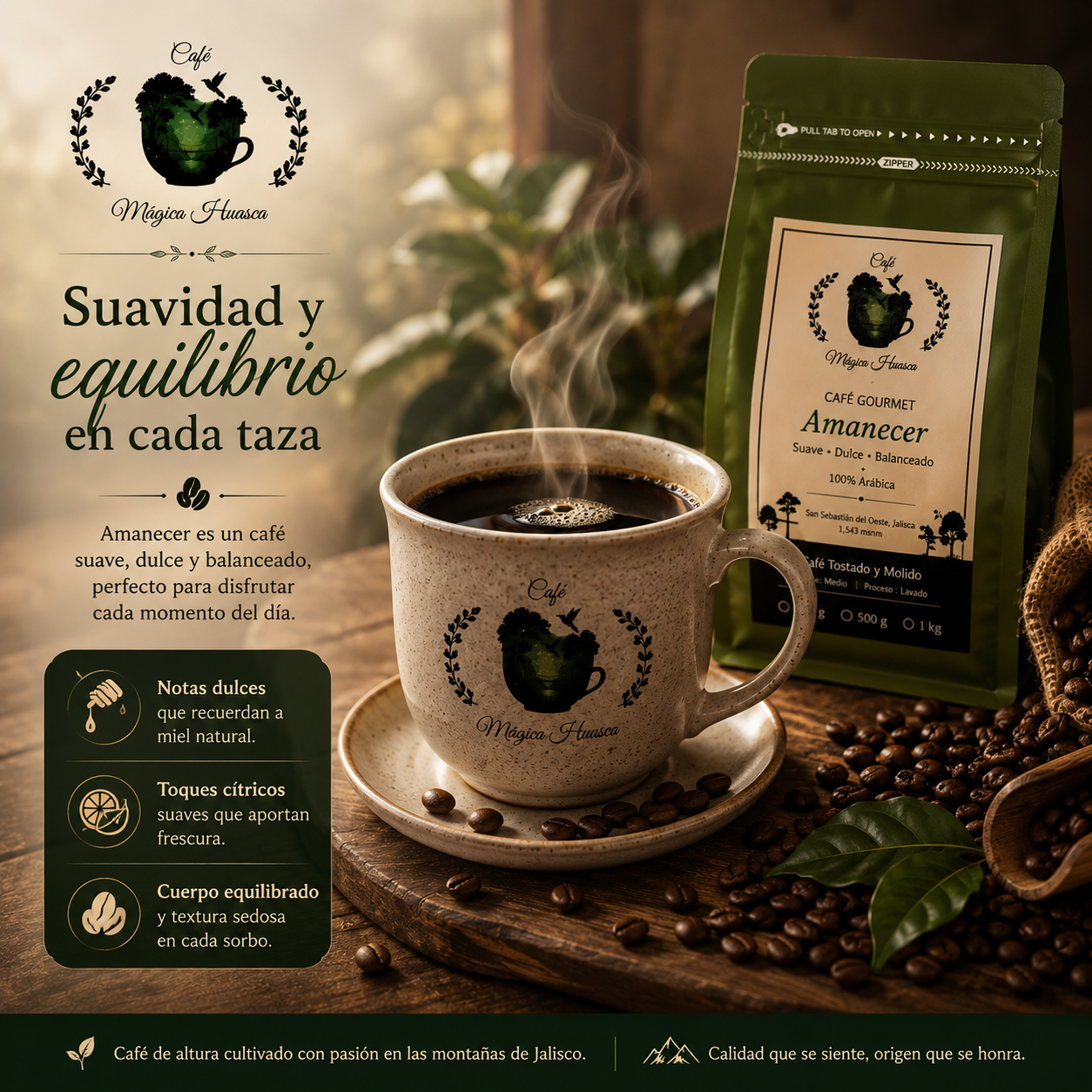 Taza preparada con Café Amanecer de Café Mágico Huasca