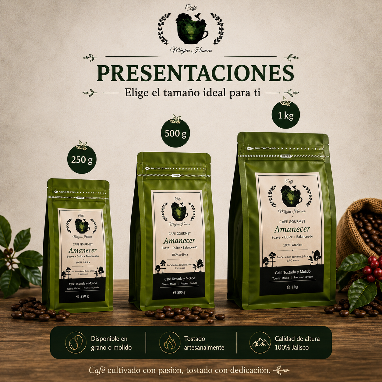 Presentaciones de Café Amanecer disponible en 250 gramos 500 gramos y 1 kilogramo