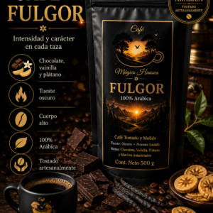 Bolsa negra de Café Fulgor de Café Mágico Huasca con diseño cálido inspirado en un amanecer. Café 100% arábica con notas de chocolate, vainilla y plátano, tueste oscuro y proceso lavado.