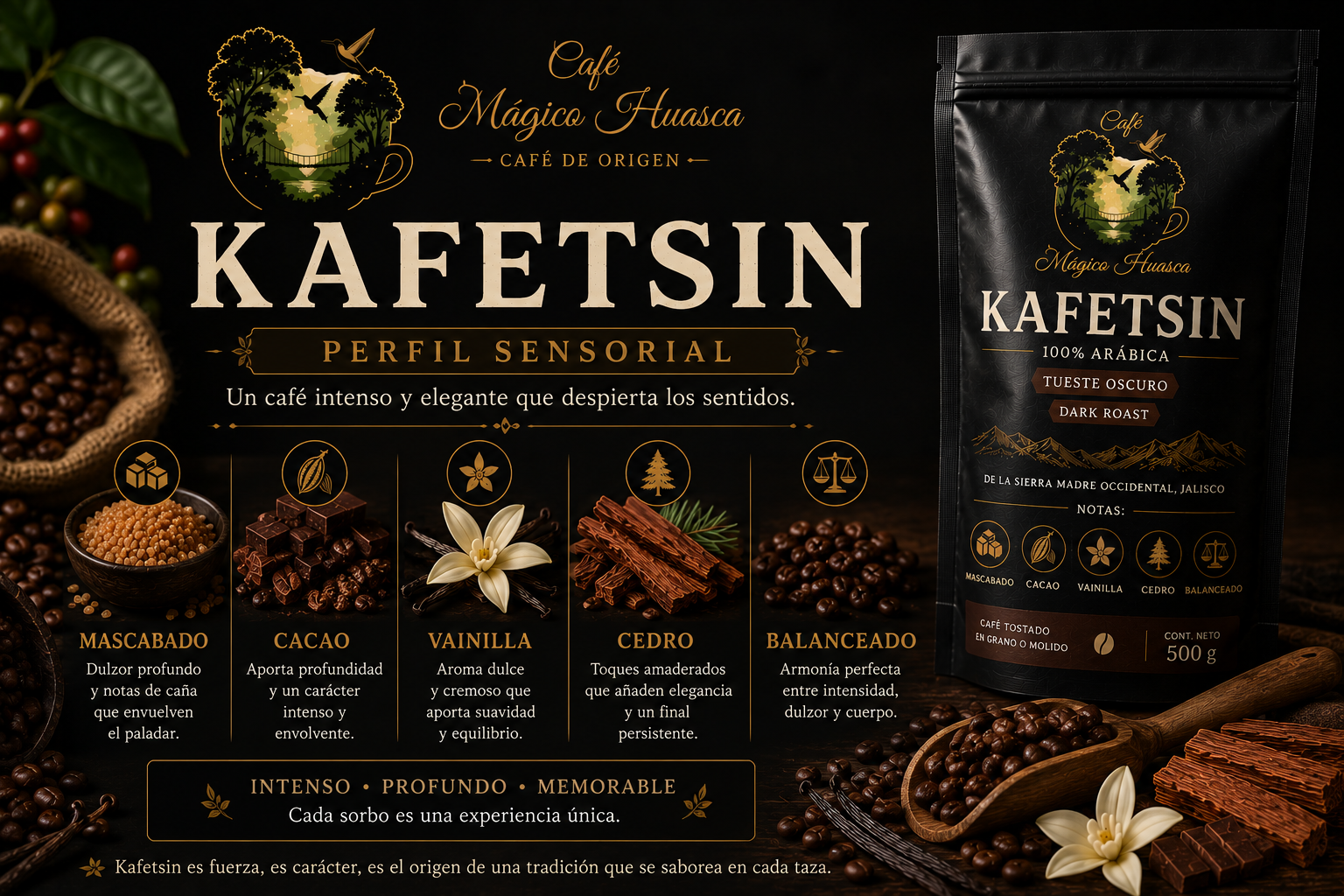 Perfil sensorial de Café Kafetsin. Café de tueste oscuro con intensidad alta, cuerpo medio-alto, acidez suave y notas de mascabado, cacao, vainilla y cedro.