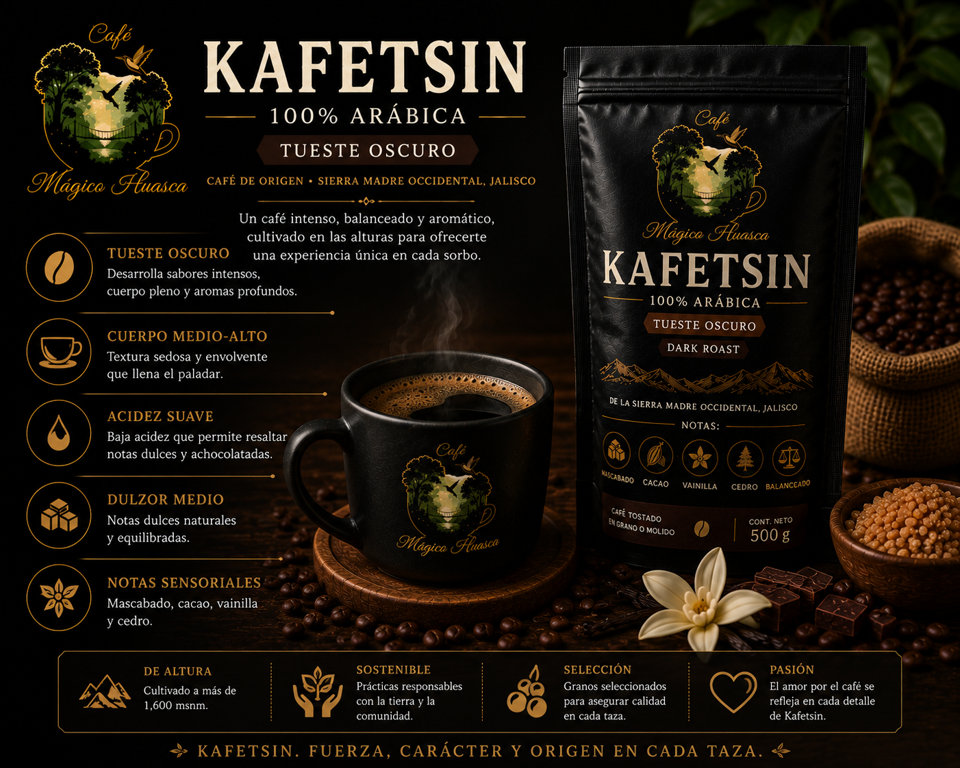 Taza preparada de Café Kafetsin mostrando su perfil intenso y balanceado. Ideal para espresso, moka, prensa francesa y café americano.