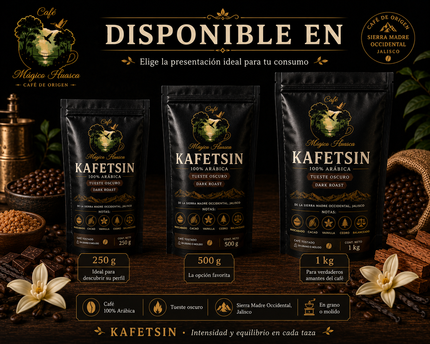 Presentaciones de Café Kafetsin disponibles en 250 gramos, 500 gramos y 1 kilogramo. Café de especialidad con tueste oscuro disponible en grano o molido.