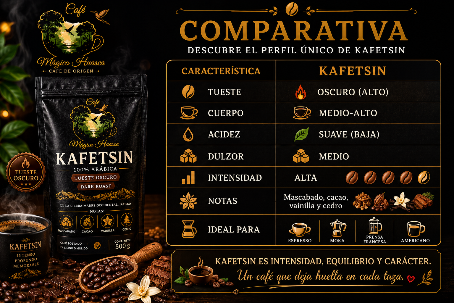 Comparativa de Café Kafetsin con información de tueste oscuro, intensidad alta, cuerpo medio-alto, acidez suave y notas de mascabado, cacao, vainilla y cedro.
