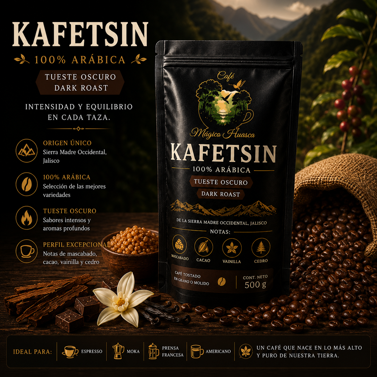 Café Kafetsin de Café Mágico Huasca en empaque negro. Café 100% arábica de la Sierra Madre Occidental, Jalisco, con tueste oscuro y notas de mascabado, cacao, vainilla y cedro.